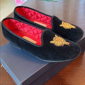 Stubbs & Wootton Black Velvet Loafers with Gold Embroidery